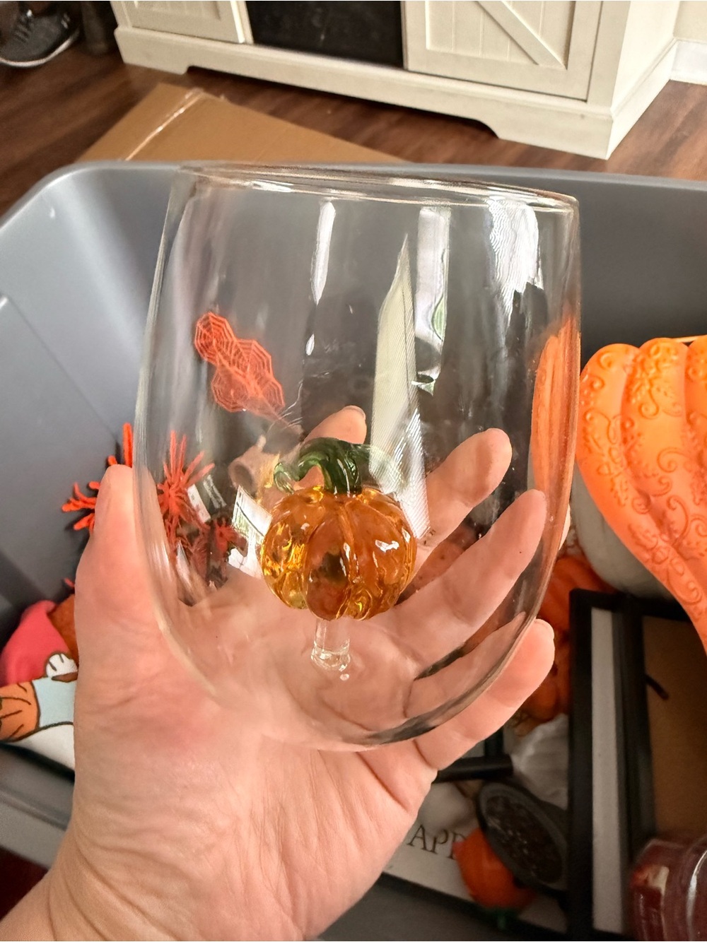 Glass Stemless Wine Glass with Blown Glass Pumpkin Accent - Orange